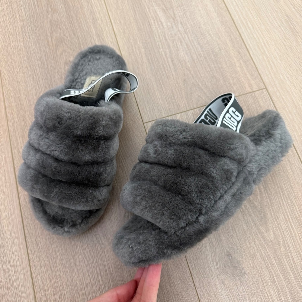 HH UGG Fluff Yeah Slide Charcoal Grey Sheepskin Slippers‎ 1095119 Womens 7